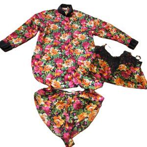 Vintage Victoria Secret 80's Colorful Floral 3 Pc Night Sleep Set Woman's  M/L /